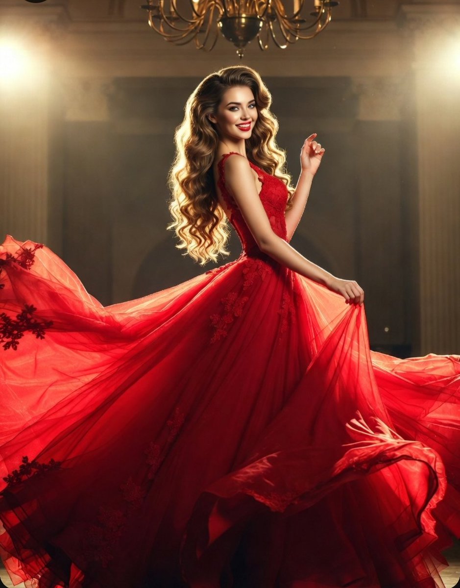 A woman in a red ball gown poses gracefully in warm light.