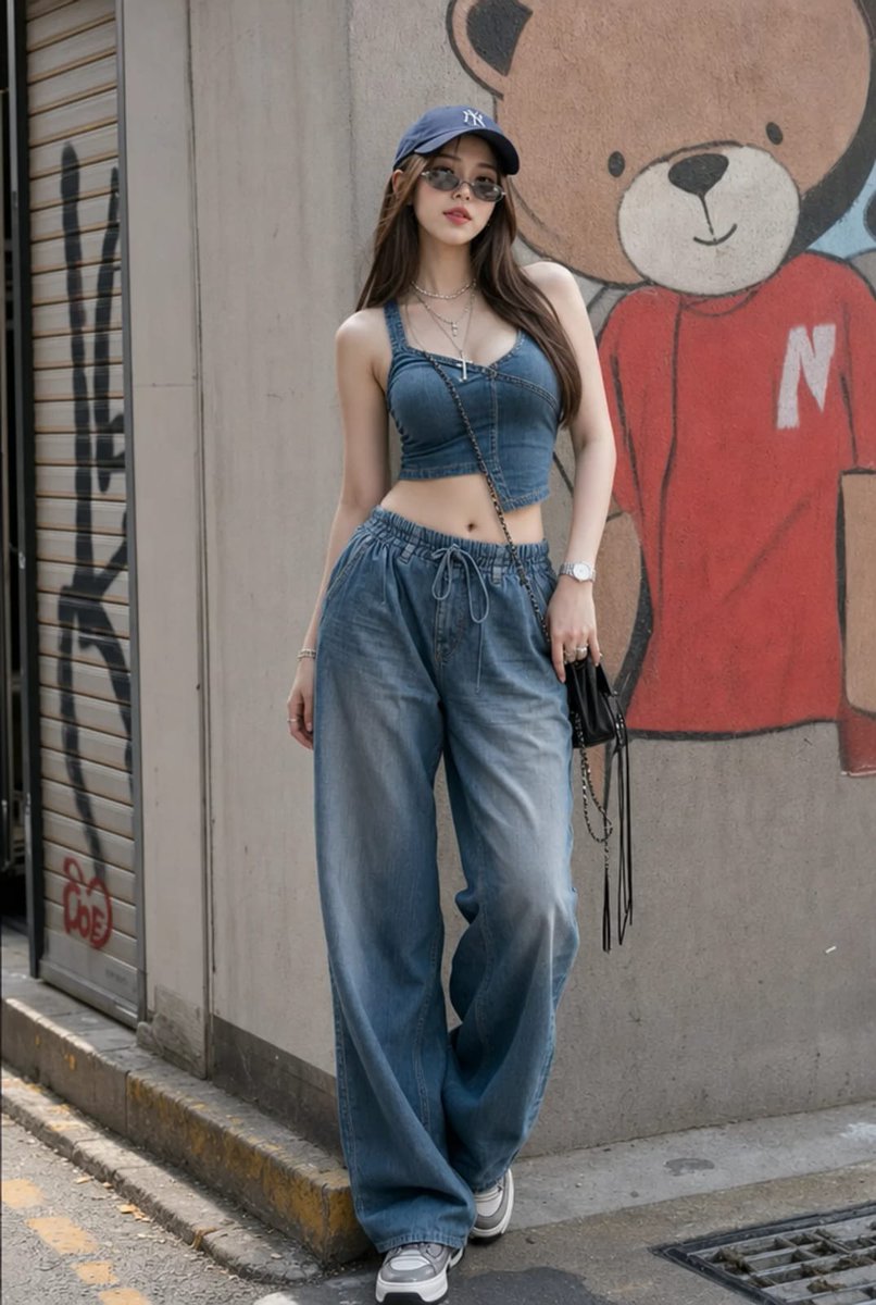 Asian woman in denim poses near a cartoon bear mural