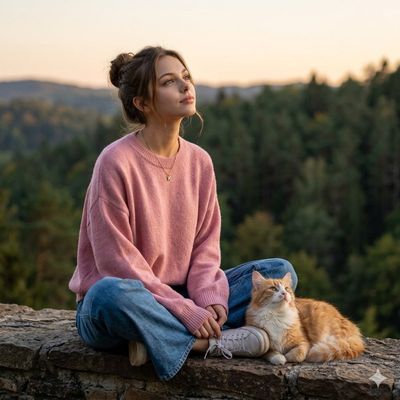 Woman in pink sweater gazes upward with cat in golden light