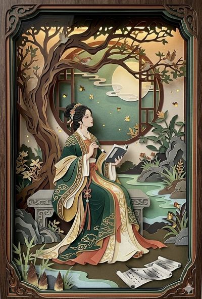 A scholar woman writes by moonlight in a paper-cut shadowbox