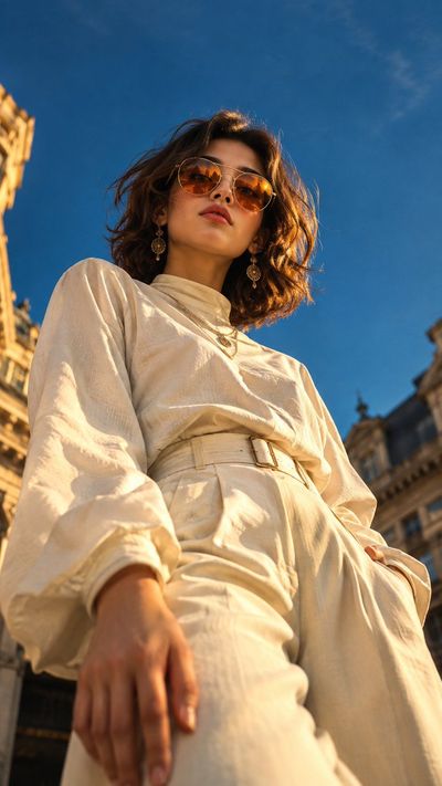 Low-Angle Fashion Portrait of Woman Against Deep Blue Sky