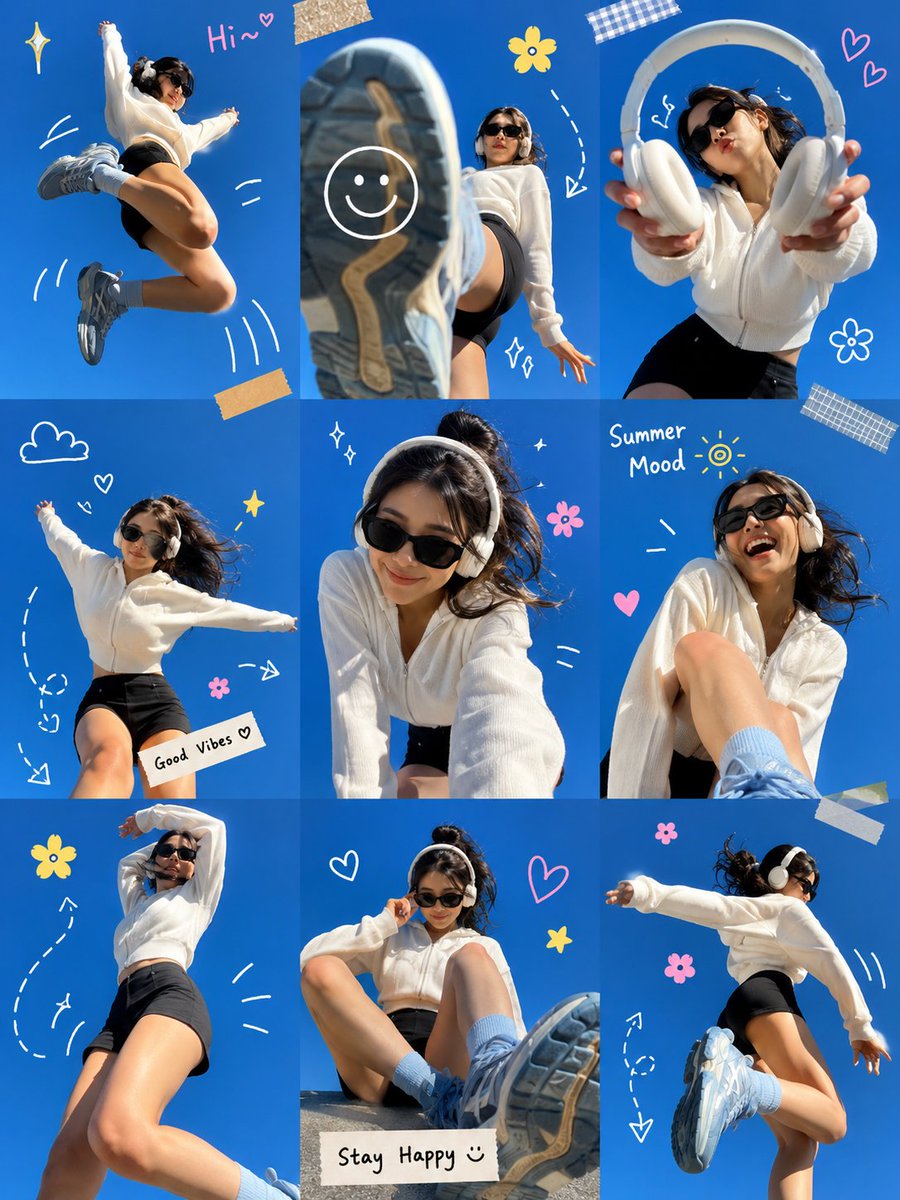 Young woman in oversized sweater captures summer joy in playful photo collage.