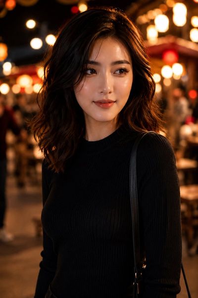 A confident woman with glowing skin gazes under warm string lights