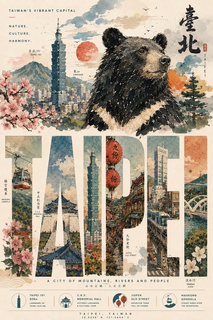 Formosan black bear watches over Taipei 101 in vintage travel poster