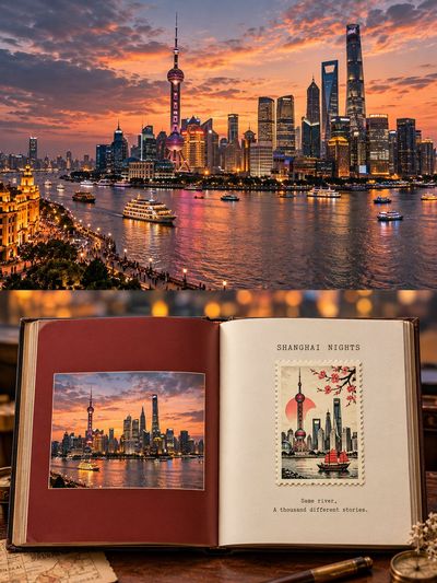 Cinematic travel poster splits into photograph and open journal below
