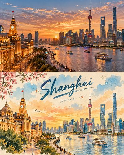 Vintage Travel Poster Splits Realistic Scene Into Painted Illustration