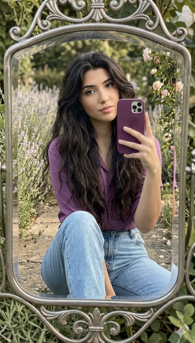 Woman captures mirror selfie among lavender rows in garden