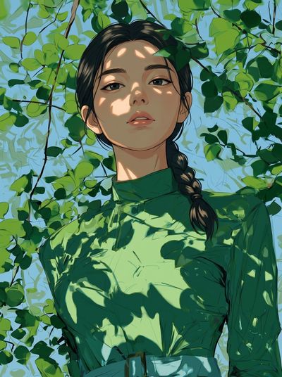 Woman in emerald dress stands beneath dappled green tree canopy