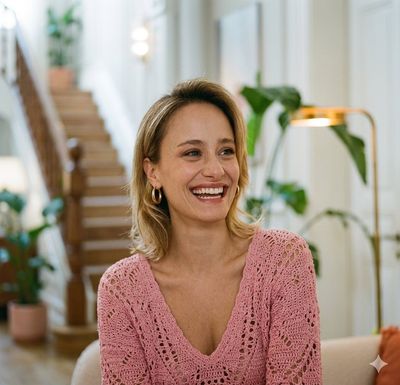 A chic blonde woman smiles warmly among lush green houseplants