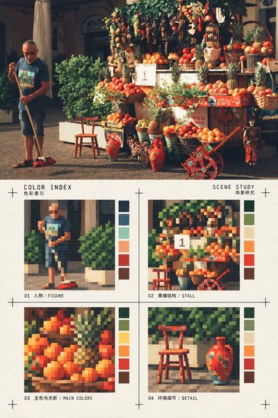 Photograph Deconstructs Into Pixel Color Index Poster With Four Blocks
