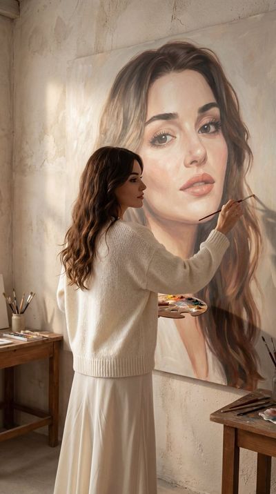 Artist paints a gigantic self-portrait mural on textured wall