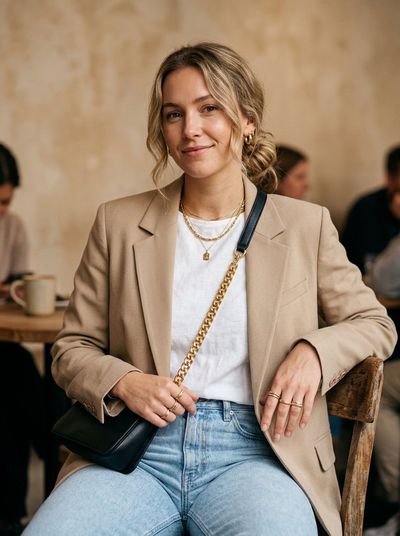 Stylish woman in beige blazer poses against soft light beige background