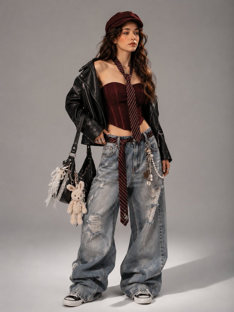 A model in burgundy cap and black leather jacket poses confidently
