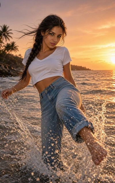 Woman joyfully kicks water in shallow surf at golden hour