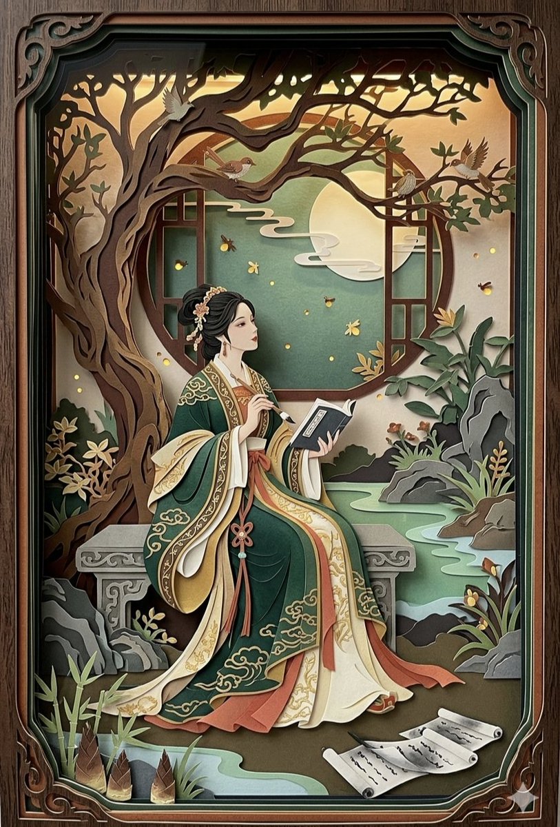 A scholar woman writes by moonlight in a paper-cut shadowbox