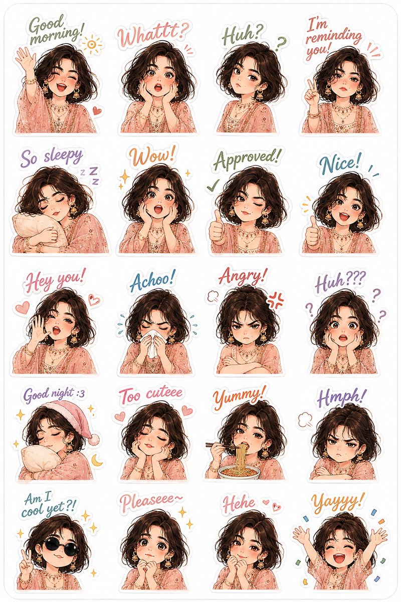 Desi elegance meets kawaii reactions in pastel sticker sheet