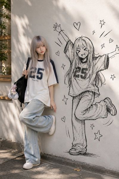 A person stands beside their chaotic ink twin on a wall