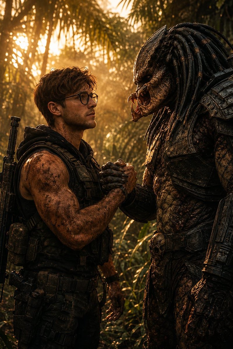 A rugged soldier shares a warrior handshake with a Predator in a jungle.