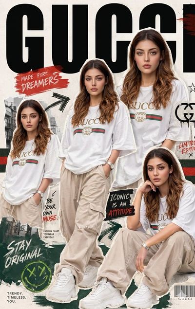 Urban fashion model strikes multiple poses in oversized streetwear