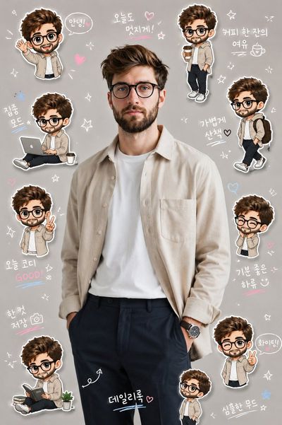 A photorealistic woman surrounded by chibi sticker clones in scrapbook