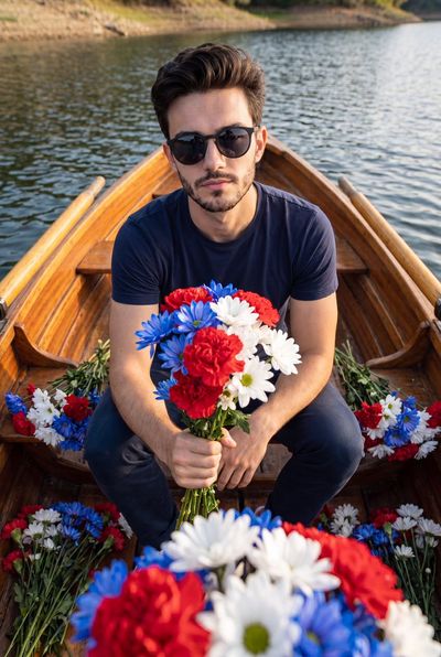A young man sits in a boat holding flowers with two stylish looks.