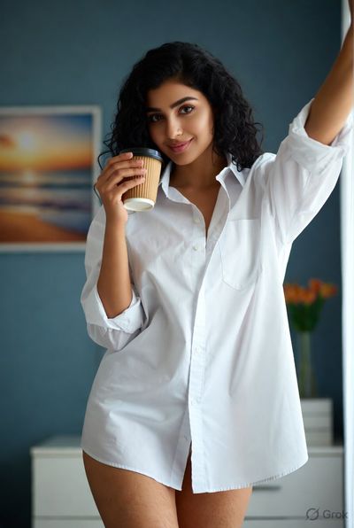 Young woman in oversized shirt holds coffee by teal wall