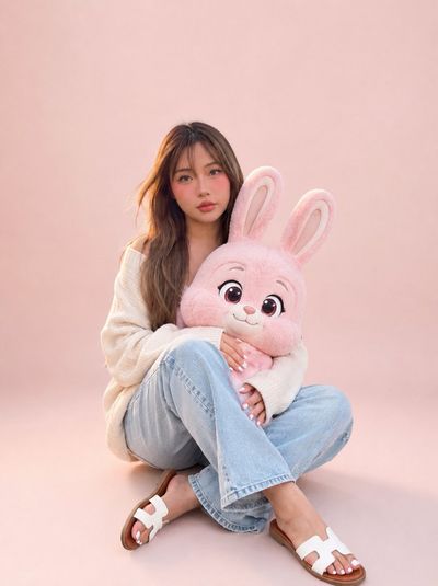 Young person in cream sweater holding a fluffy pink rabbit