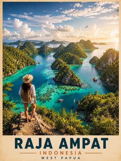 A lone traveler gazes at Raja Ampat's turquoise lagoon from a high cliff.