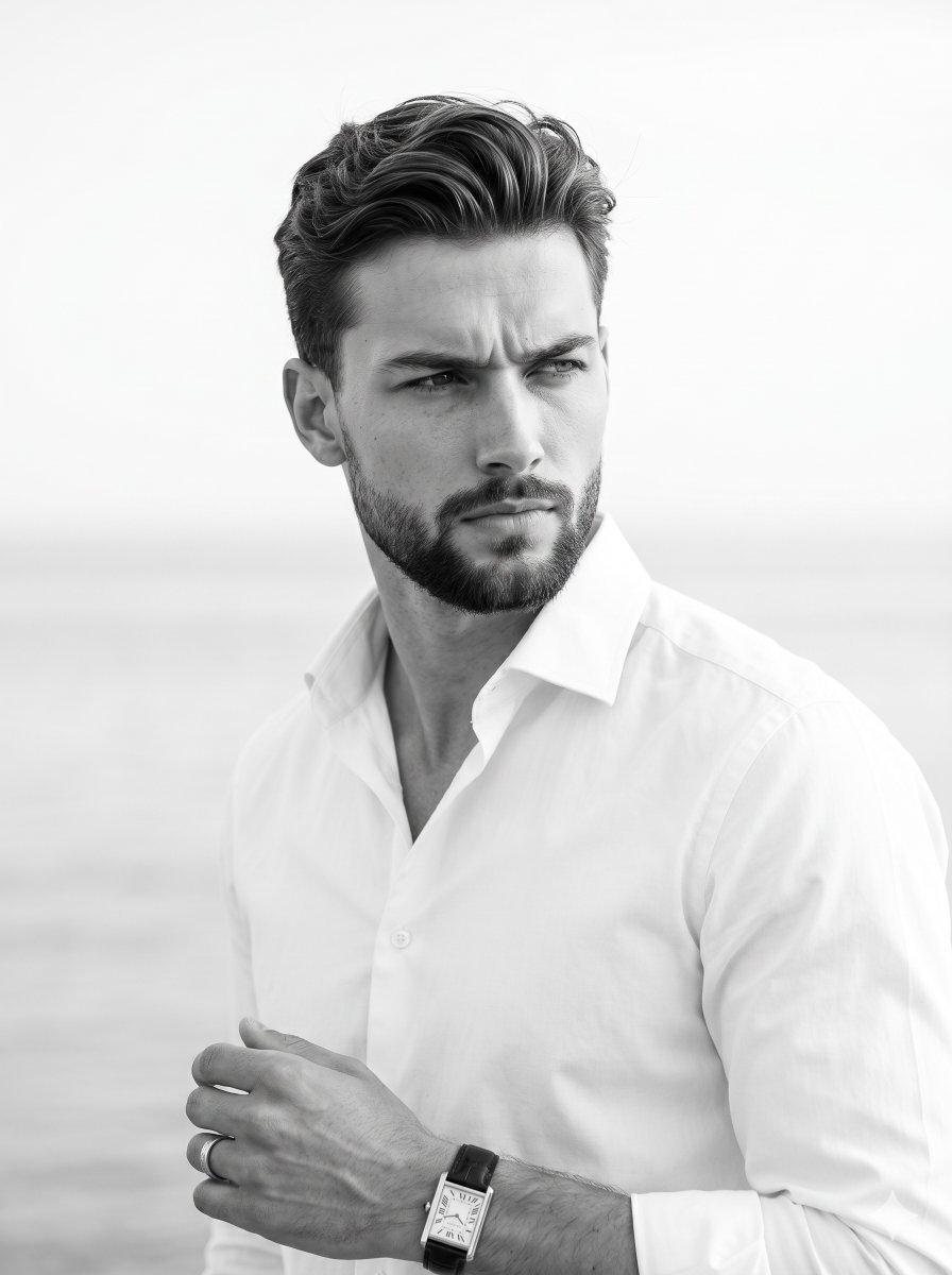 A serious model in white shirt poses against blurred water background