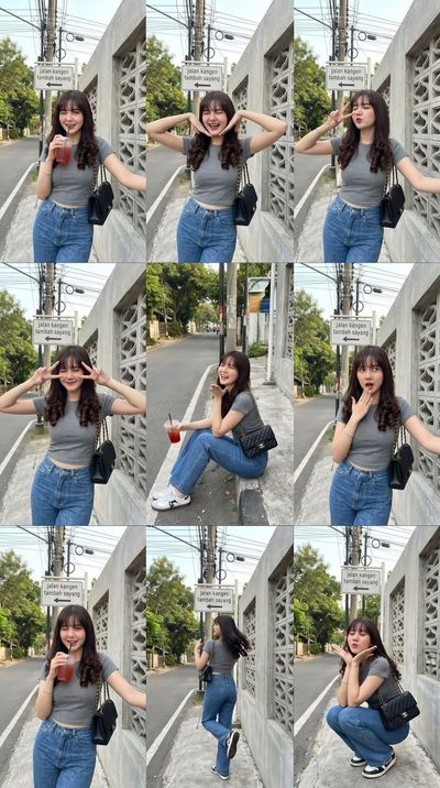 Young woman poses in nine-frame collage on quiet street