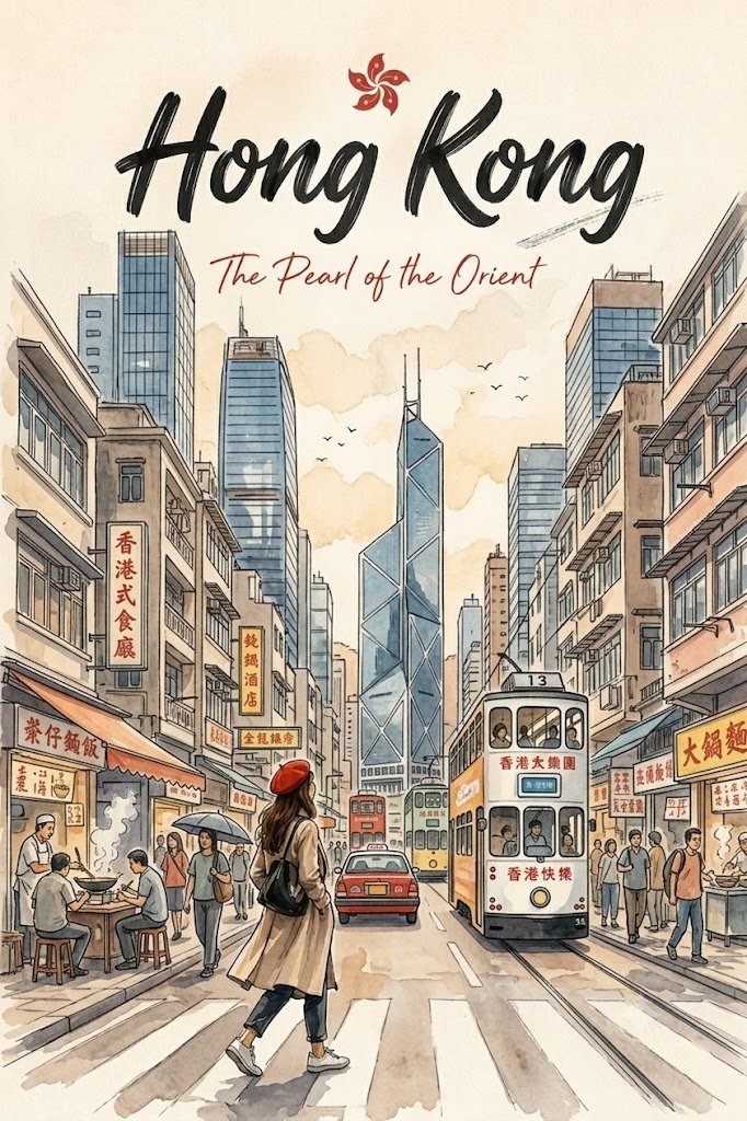 A traveler in a wide hat explores Hong Kong's bustling streets