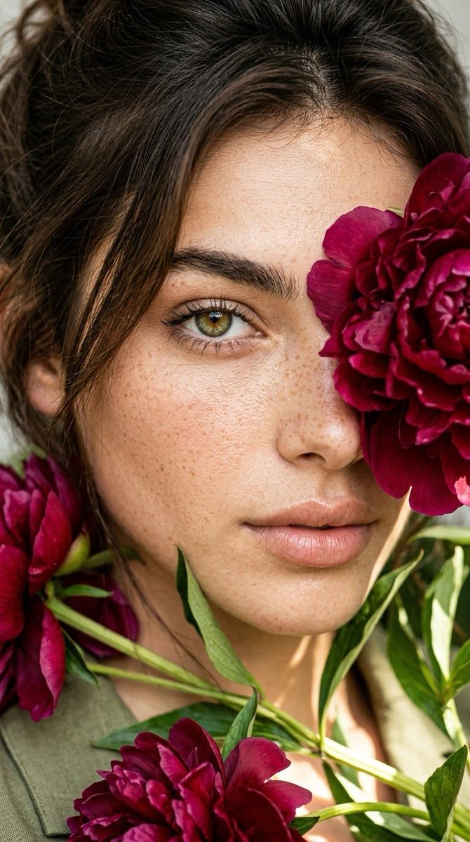 Freckled Beauty with Burgundy Peony in Sunlit Extreme Close-Up Portrait