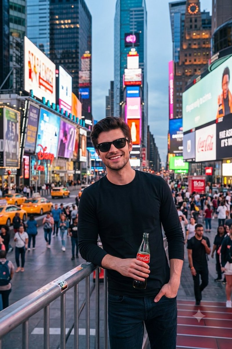 Young man with stubble sips Coke in neon-lit Times Square at dusk
