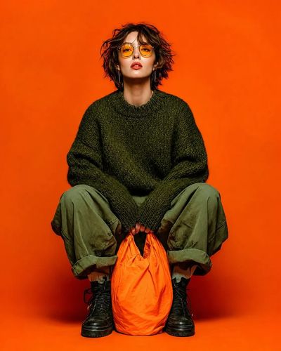 Woman in olive sweater poses against bold orange background