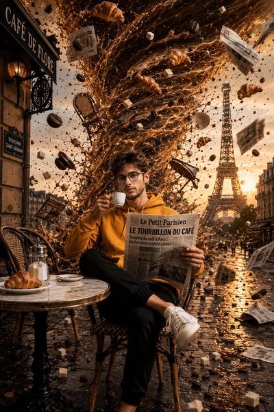 A calm man sips espresso while a coffee tornado rages behind him