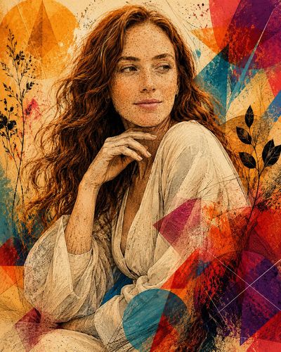 A vibrant engraved portrait with flowing ink and geometric overlays