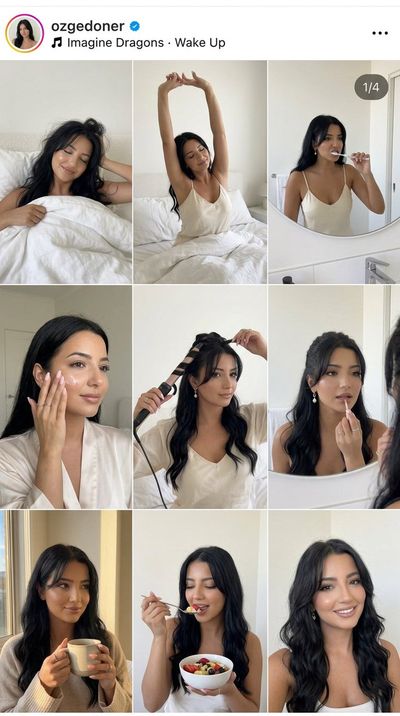 Morning routine collage shows a woman's fresh glam transformation