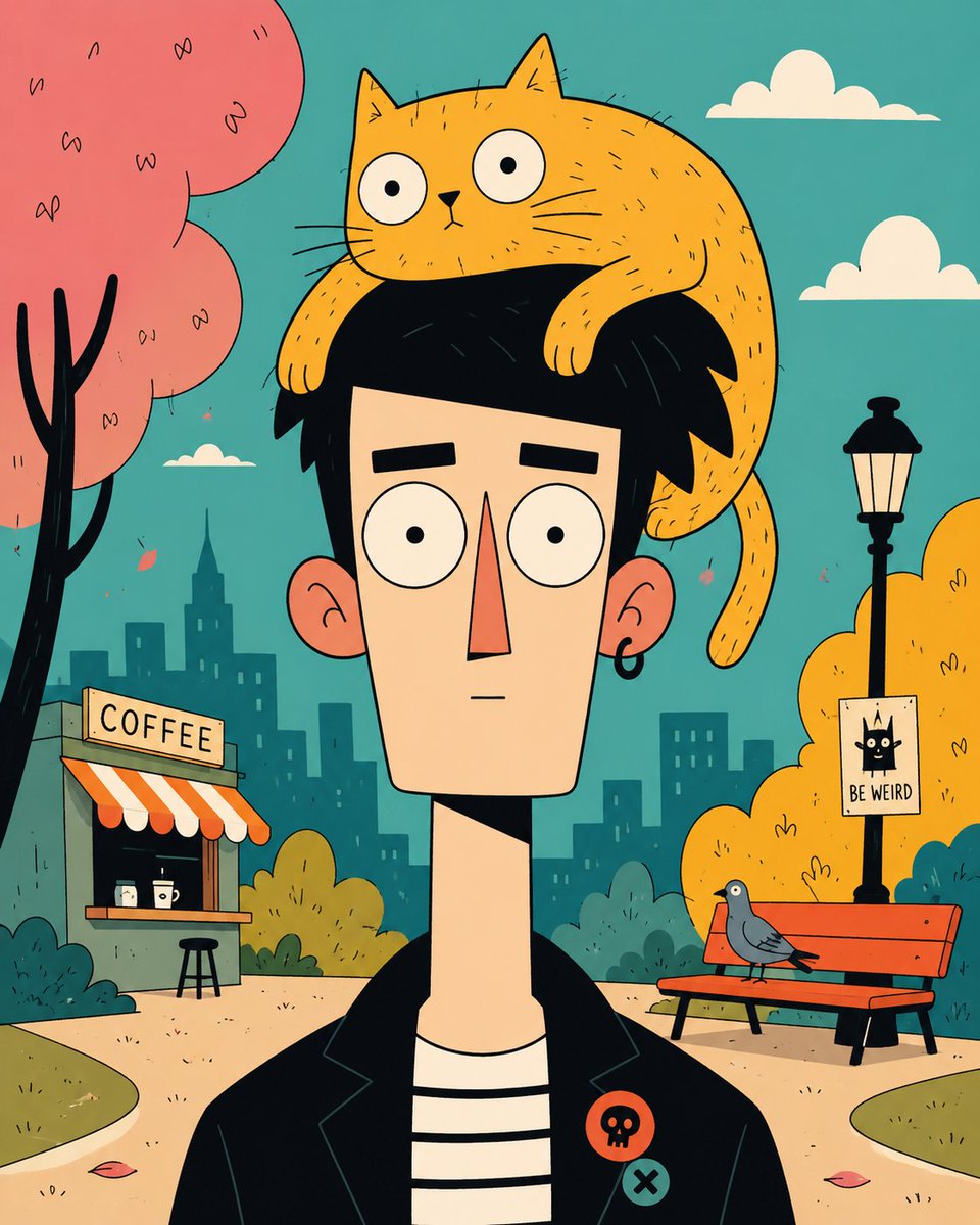 A tall geometric man with a deadpan face wears a crow hat in a park.