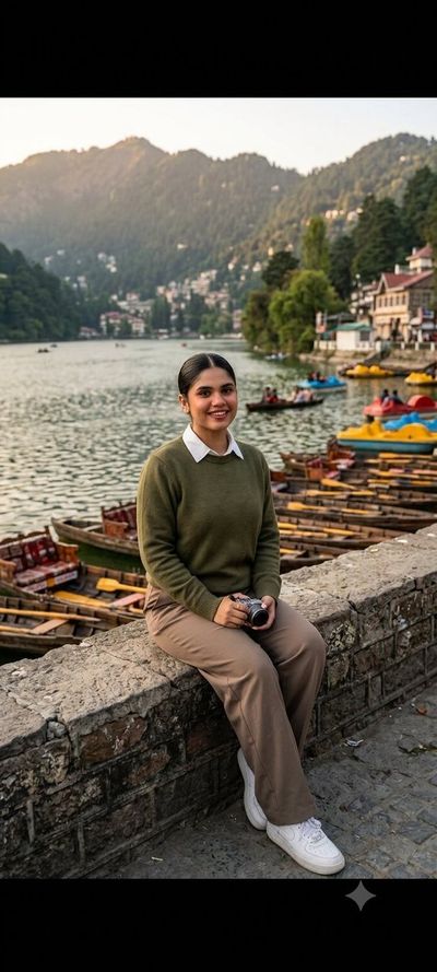 Young woman in olive sweater smiles by Nainital's serene lake
