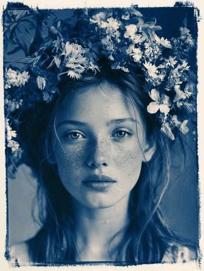 Botanical elements contact-print around a woman in Prussian blue