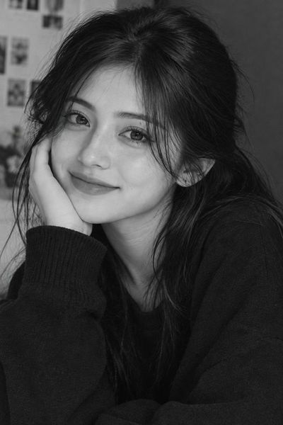 Young East Asian Woman Smiles Softly in Monochrome Portrait