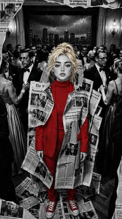 A blonde girl in red stands out among monochrome guests