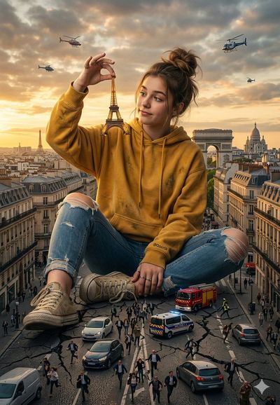 Giant Girl Cradling Eiffel Tower Amid Paris Street Chaos