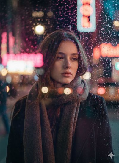 Rainy Night Reflections in Neon Glow
