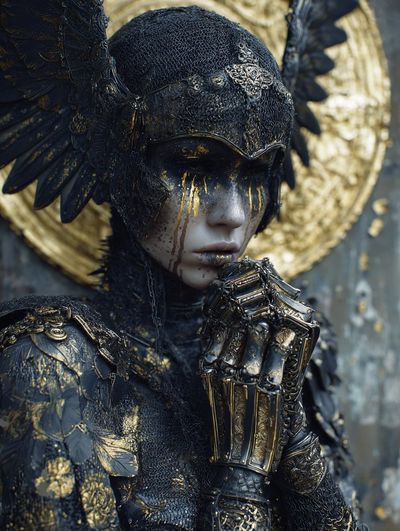 Gothic Warrior in Dark Armor Gazing Through Winged Helmet