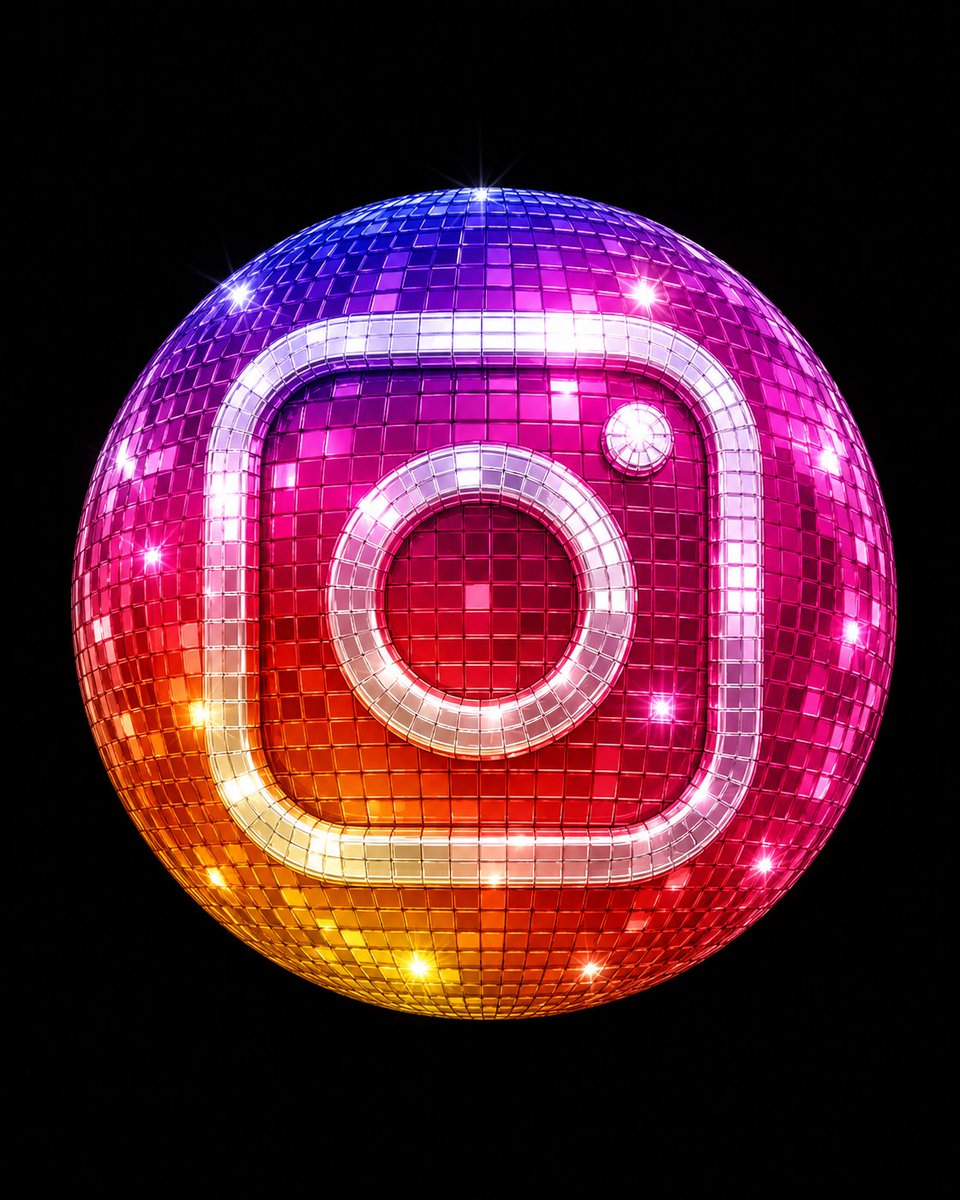 A disco ball app icon reflects light on black background