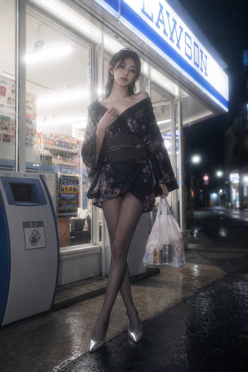 A melancholic fashion influencer poses outside a glowing convenience store.