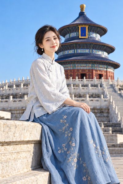 Serene woman in moon-white qipao sits before Temple of Heaven