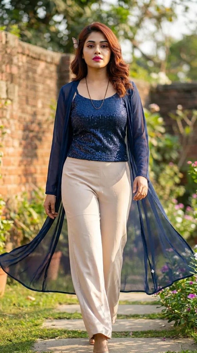 Woman in Navy Sequin Top Walks Through Sunlit Garden Pathway
