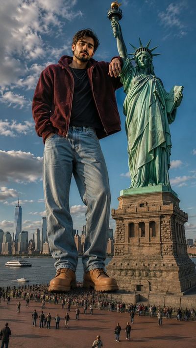 Giant man leans on Statue of Liberty in New York Harbor